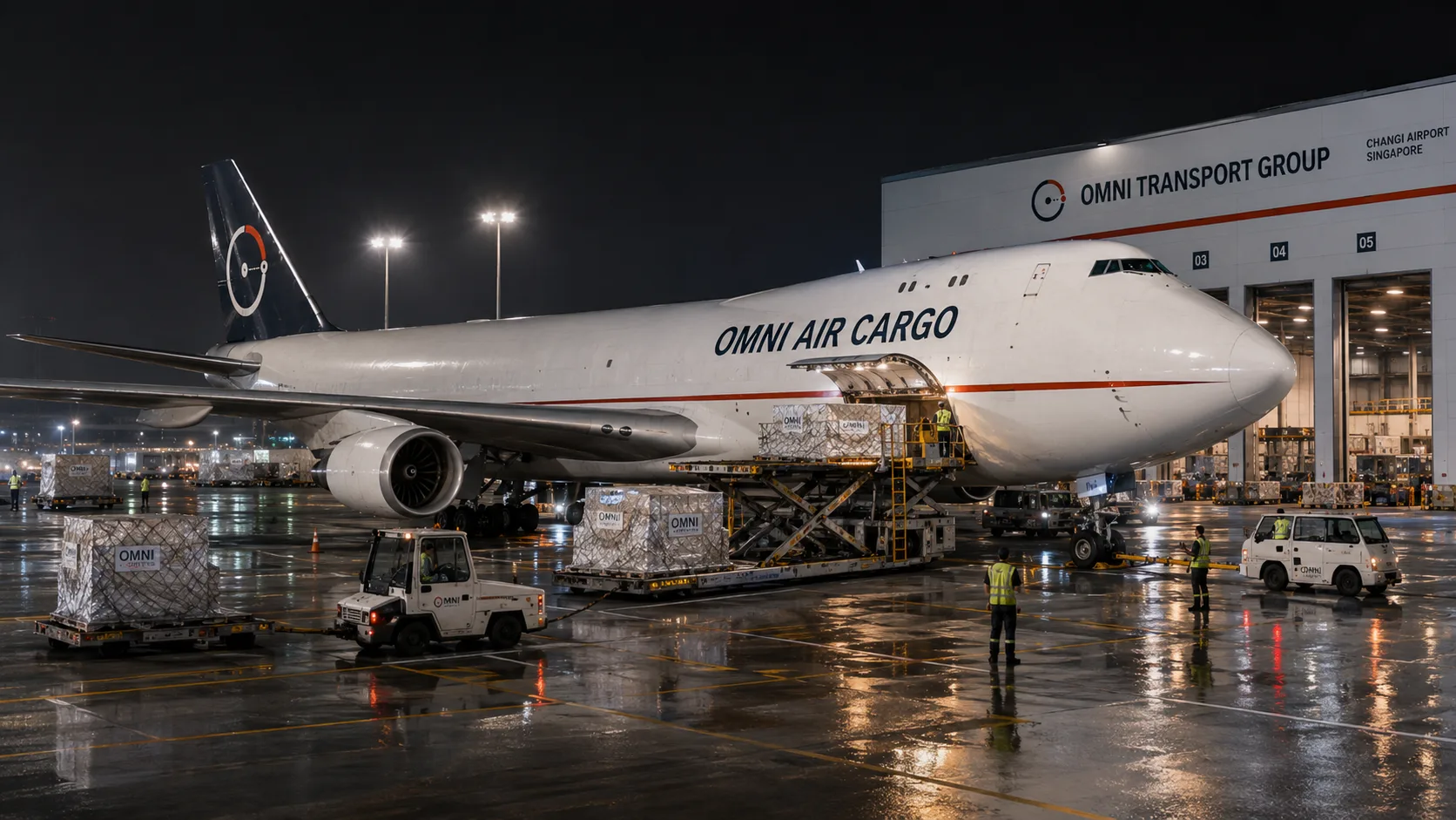 Omni Air Cargo 747 freighter loading pallets on the apron at night