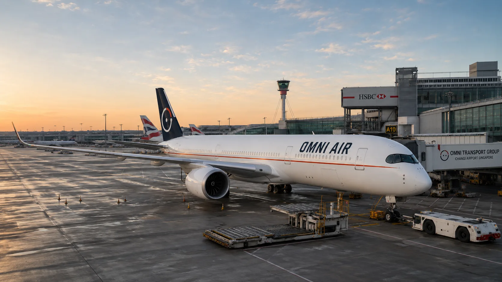 Omni Air aircraft at the gate under early light