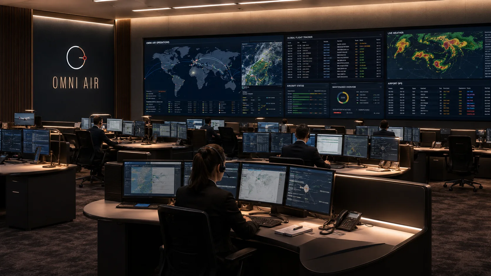 Omni Air operations control centre with a live global flight tracker wall