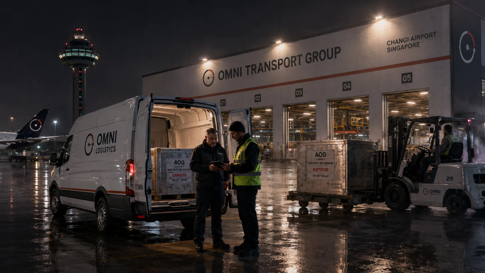 Omni team handling time-critical AOG express cargo at Changi Airport at night