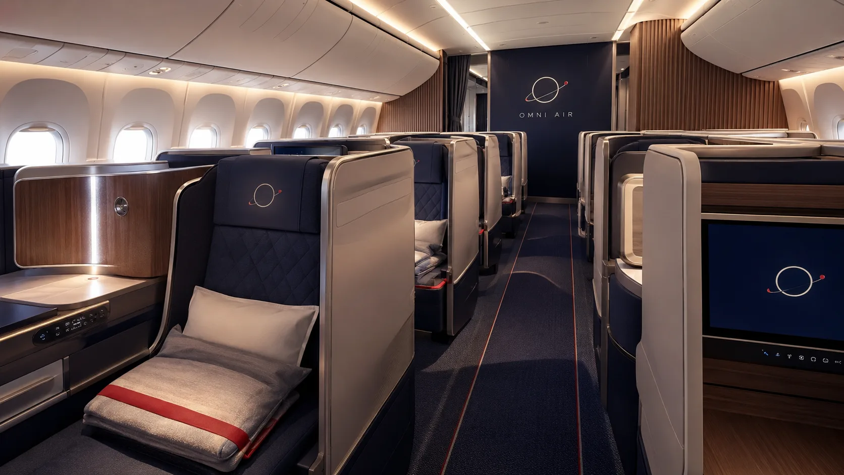 Omni Air Business cabin, private lie flat pods