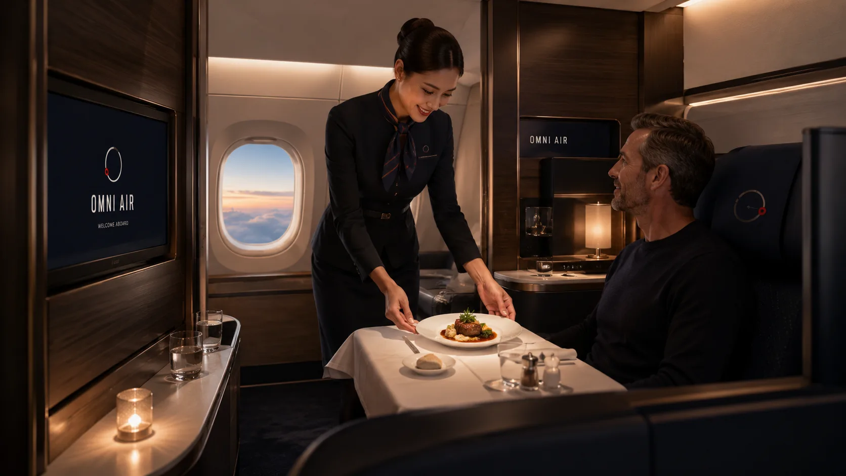 Omni Air First cabin, chef designed dining served at your seat