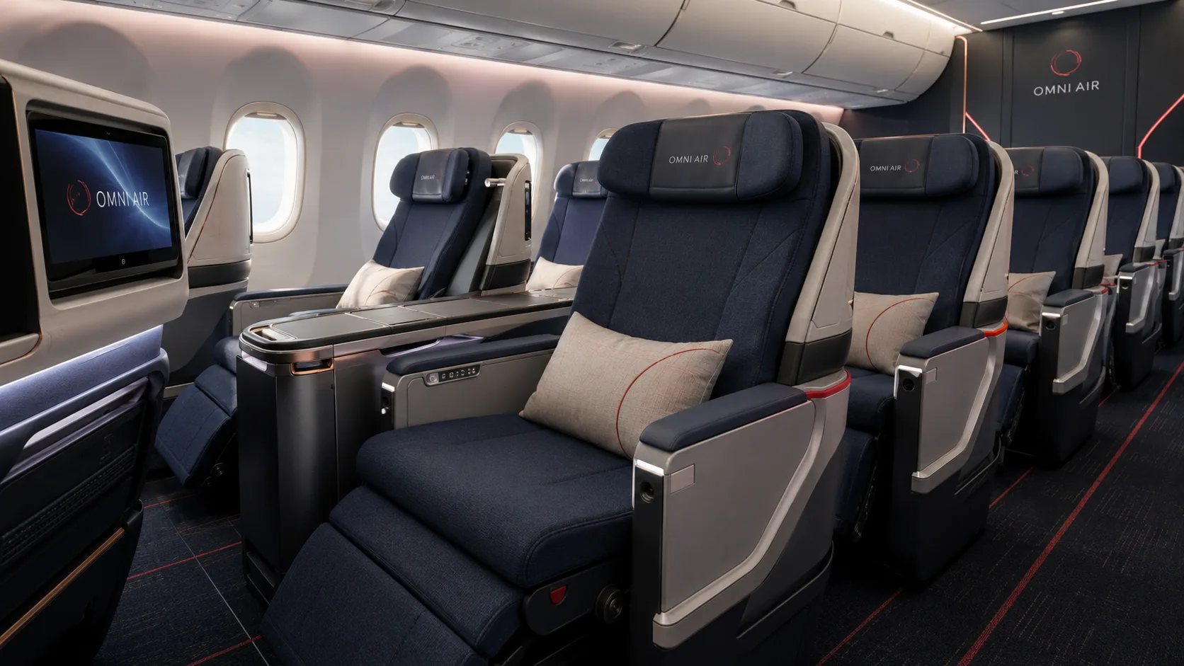 Omni Air Premium cabin, wide recliner seats with legrests