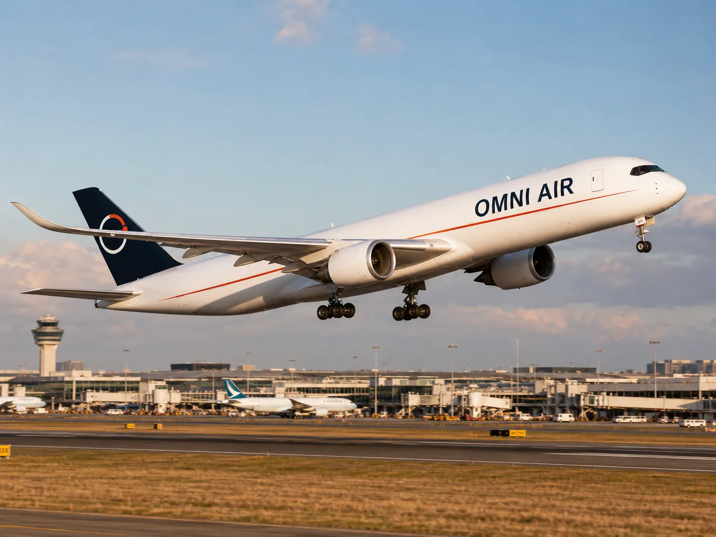 Omni Air aircraft climbing out from a hub airport