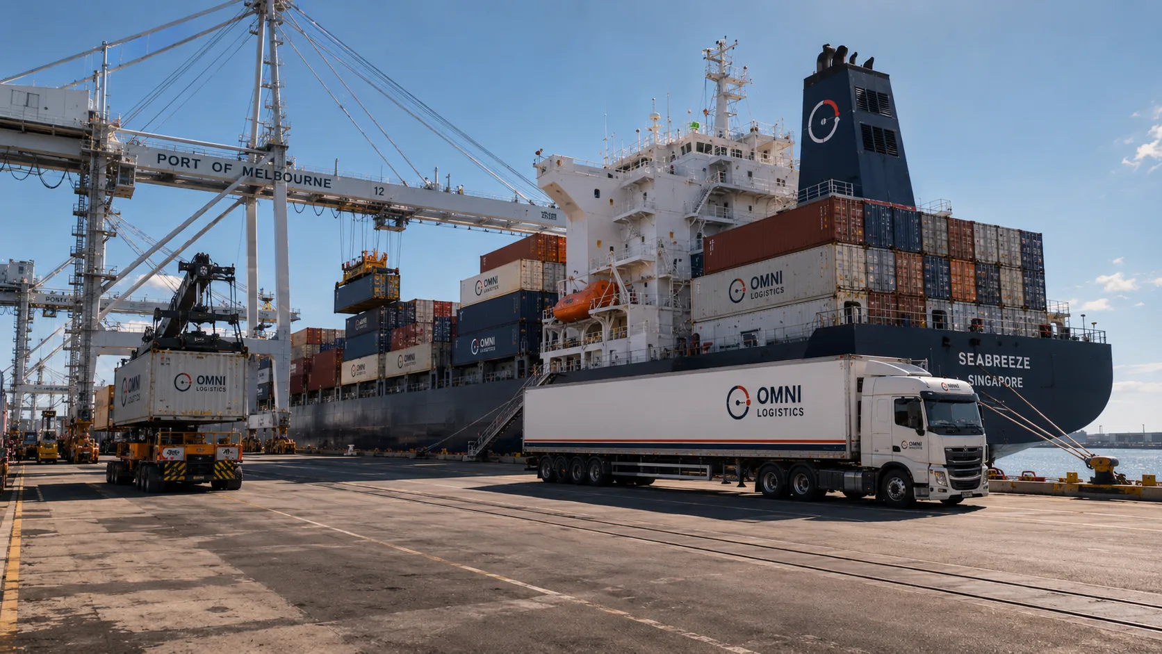 Omni Logistics truck alongside the Seabreeze container ship at the Port of Melbourne